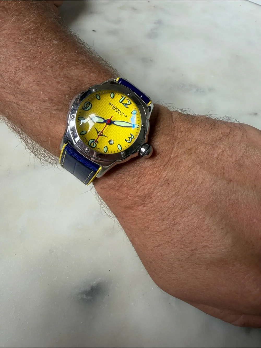Men’s Stuhrling Yellow Dial Blue Leather Strap Watch